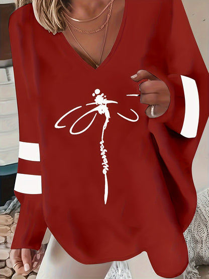 Vibrant Dragonfly Print V-Neck Sweatshirt - Soft Micro Elastic Polyester, Casual Long Sleeve Loose Fit, Plaid Pattern, Semi-Sheer, Spring/Fall Essential, Positioning Printing, Knit Fabric, Comfortable Womens Clothing
