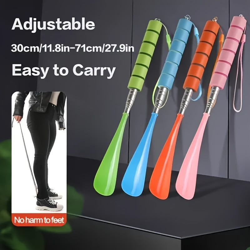Stainless Steel Telescopic Shoe Horn, Extendable Long Handle Shoehorn with Non-Slip Grip, Adjustable Length, Portable Design with Lanyard, Easy Footwear Assistance Tool