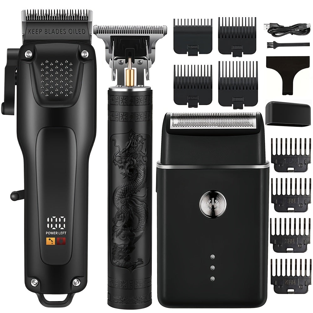 3pcs Men'S Professional Hair & Beard Grooming Kit - Cordless Clippers with LED Display, Precision Trimmer Set, USB Rechargeable, for Home Use, Perfect Holiday Gift