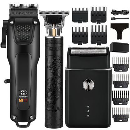 3pcs Men'S Professional Hair & Beard Grooming Kit - Cordless Clippers with LED Display, Precision Trimmer Set, USB Rechargeable, for Home Use, Perfect Holiday Gift