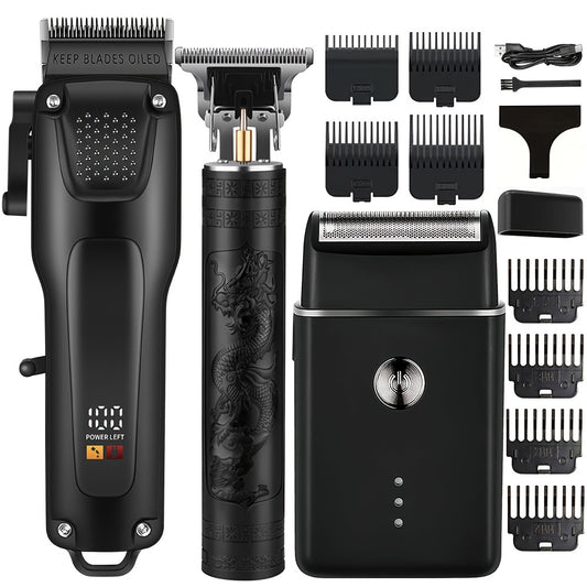 3pcs Men'S Professional Hair & Beard Grooming Kit - Cordless Clippers with LED Display, Precision Trimmer Set, USB Rechargeable, for Home Use, Perfect Holiday Gift