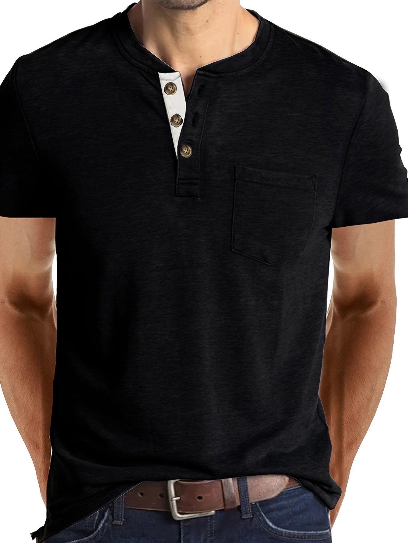 Men's Summer Casual Short Sleeve T-Shirt - Breathable Blend Round Neck Henley-Style Button Front, Semi-Sheer Fabric, Machine Washable Regular Fit for Outdoor & Casual Attire, Relaxed Style, Buttonfront Design, Easy Care, Buttonup Shirt, Warm Weather