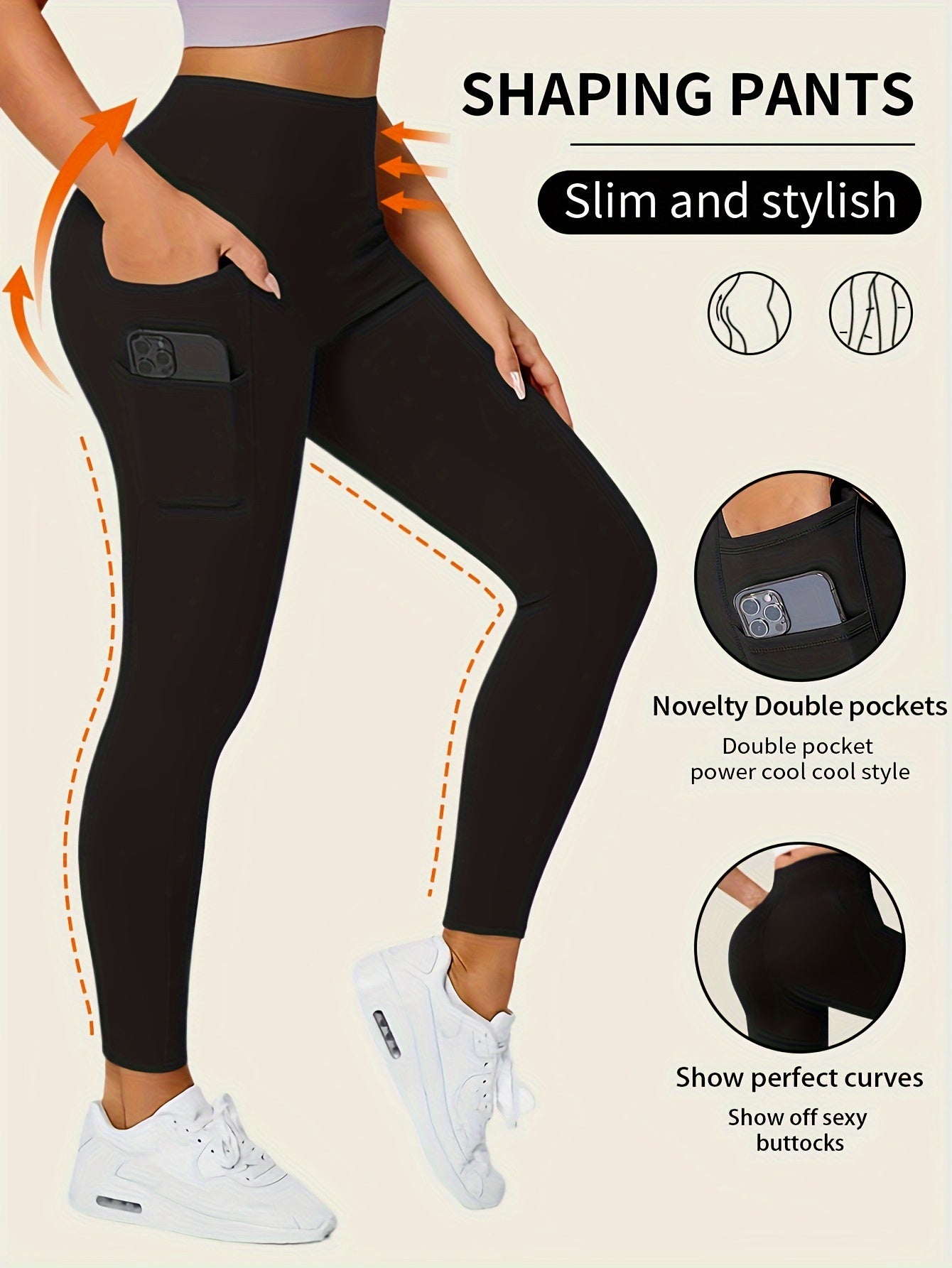 High-Waisted Leggings with Slim-Fit Double Pocket Design -  All-Season Pants, Tummy Control & Butt-Lifting for,, Casual Wear - Hand Washable Stretchy Bottoms