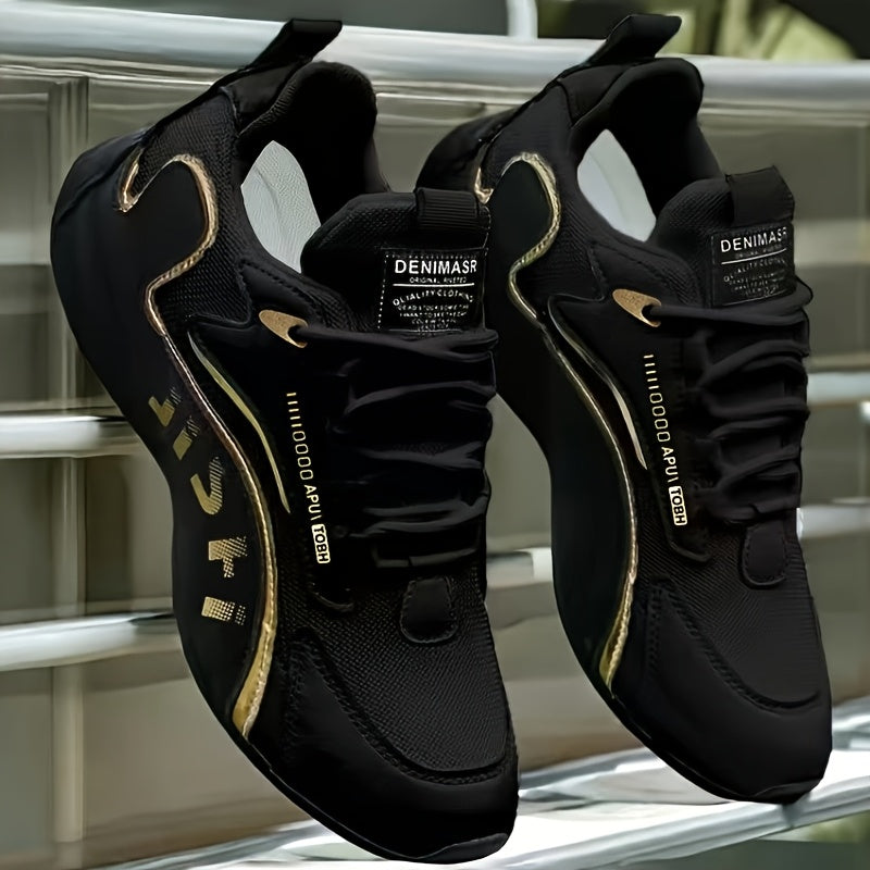 Men'S Fashion Casual Sneakers - Low-Top Lace-Up with Golden Accents, Breathable Fabric Lining & Durable PVC Sole, All-Season Comfort for Outdoor, Daily Wear & Street Style, Outdoor Footwear, Stylish Laceups, Fabric Lined Interior