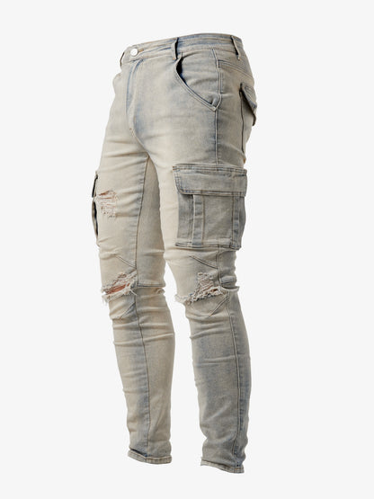 Men'S Slim-Fit Jeans with Multiple Pockets - High-Stretch, Washed, Solid Color, Street Style, All-Season Wear, Casual & Comfortable, Casual Wear | Street Style Jeans | Stretchy Fabric