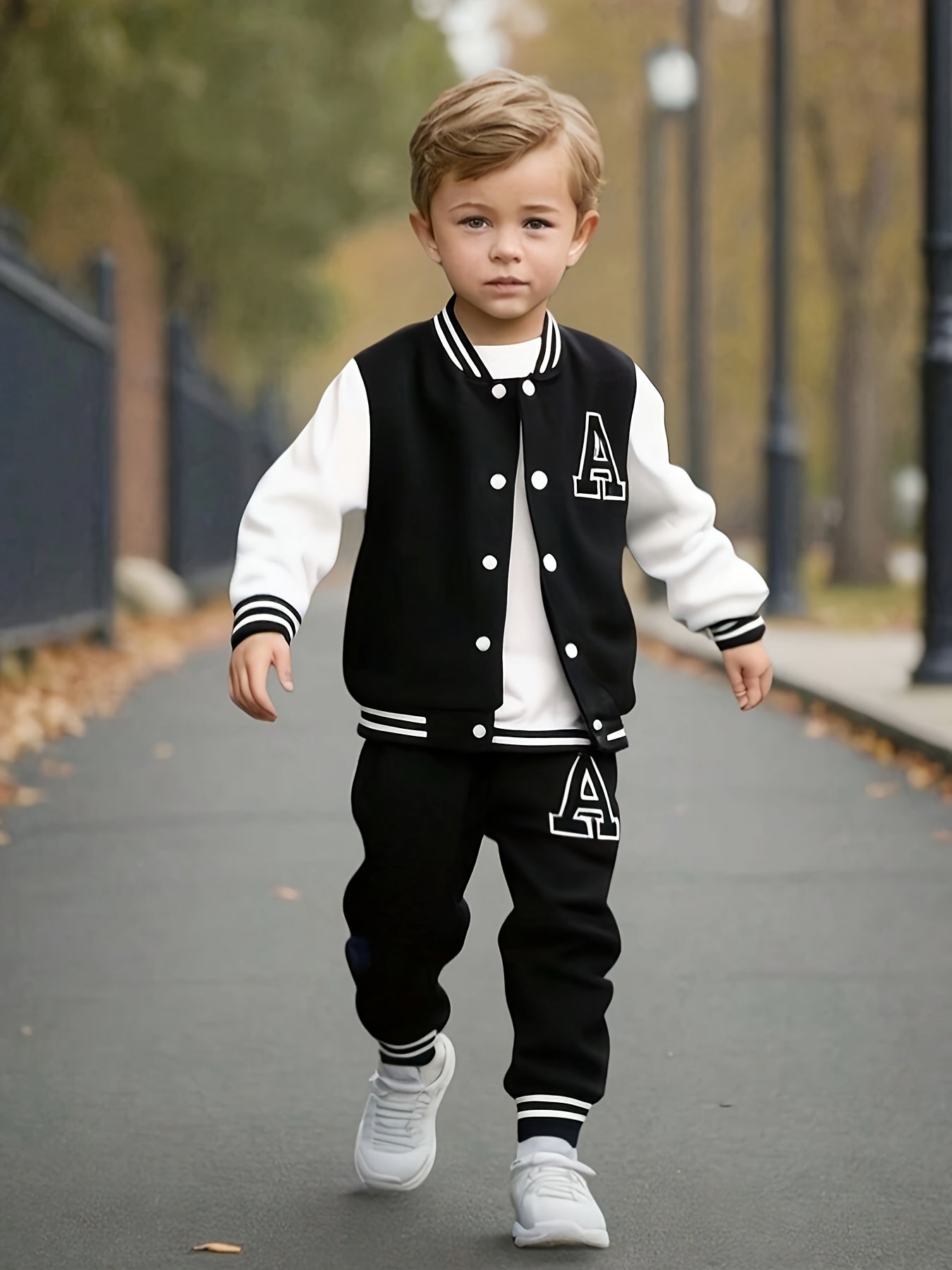 European And American Boys' Autumn And Winter Baseball Jacket with Letter A Print + Letter A Print Long Pants Two-Piece Set, for Outdoor