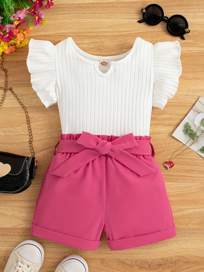 A Summer Casual Outfit for Girls Featuring a Sleeveless Round-Neck Top And Shorts Set, Complete with a Belt, for Outdoor