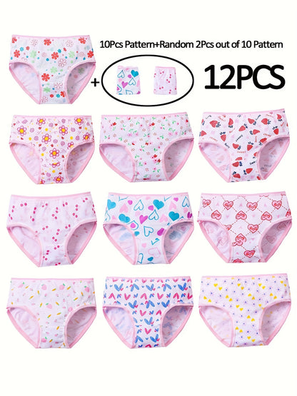 [12 Girls' Fun Underwear] Set of 12 Girls' Fun Underwear, Comfortable Kids' Triangle Panties, Featuring Adorable Designs for Children