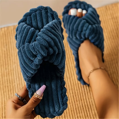 Women'S Cozy Fabric Slip-On Slippers with Braided Straps - Soft Beige Cross-Strap Design, Comfortable Home Shoes for All Seasons, Perfect for Relaxing at Home, Allseason Slippers | Braided Straps Slippers | Fabric Upper Slippers