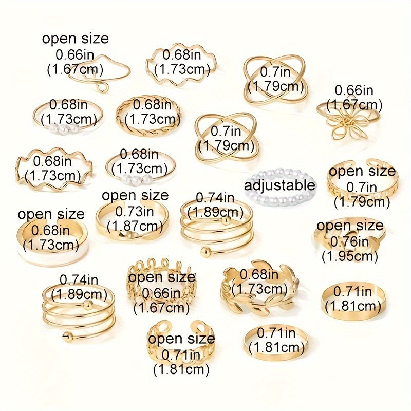 21pcs Olive Branch & Minimalist Flower Rings - Uncoated Olive Branch & Small Round//Square Bands for, Daily Wear & Resort, Year-Round Versatile (21-Ring Set)