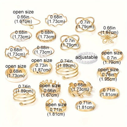 21pcs Olive Branch & Minimalist Flower Rings - Uncoated Olive Branch & Small Round//Square Bands for, Daily Wear & Resort, Year-Round Versatile (21-Ring Set)