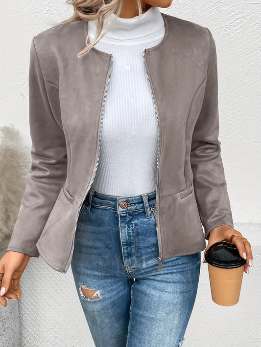 Solid Zip Up Jacket, Casual Long Sleeve Crew Neck Outerwear For Spring & Fall - Women's Clothing -  Lightweight & Comfortable - Suitable for Everyday Wear - Perfect Gift for Women
