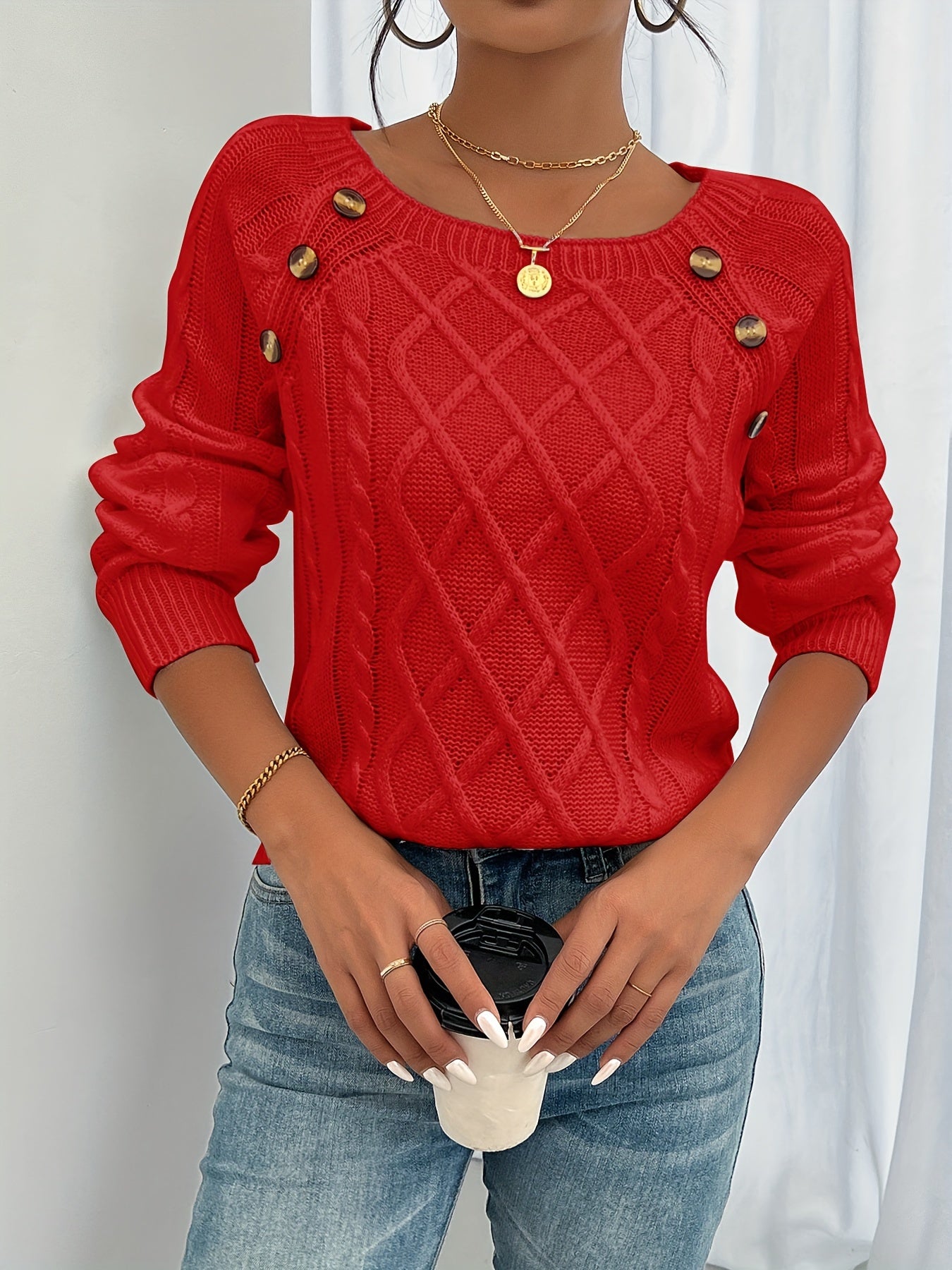 New Round Neck Textured Button Lantern Sleeve Sweater