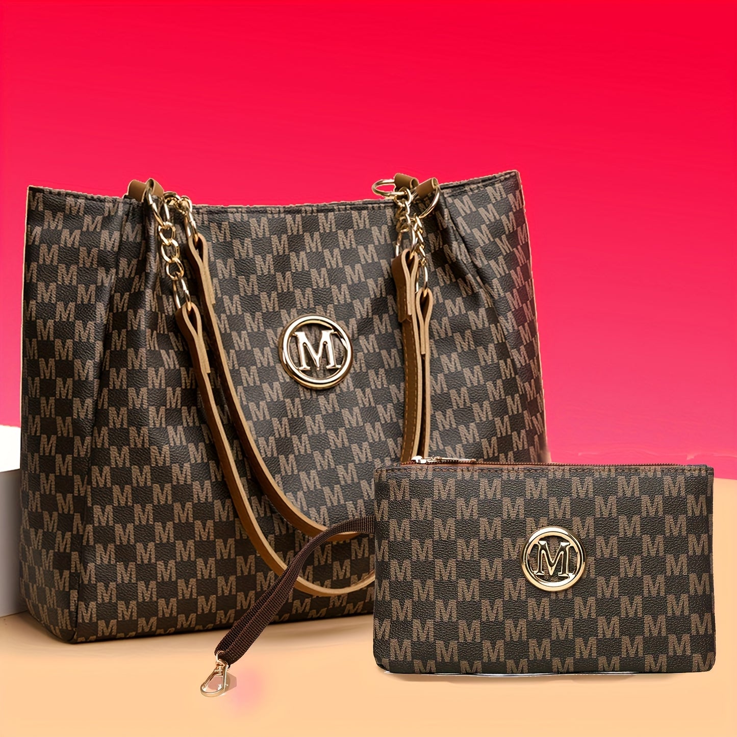 Fashionable Retro Style Women'S Tote Bag with "M" Print | Large Capacity, Fixed Shoulder Straps, Lining, Ideal for Daily Use and Work Commute, Includes Matching Wallet