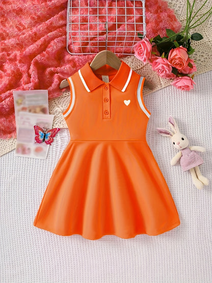 Summer Fashion Sleeveless Polo Dress for Girls with a Heart Print, Knee-Length Casual Outfit