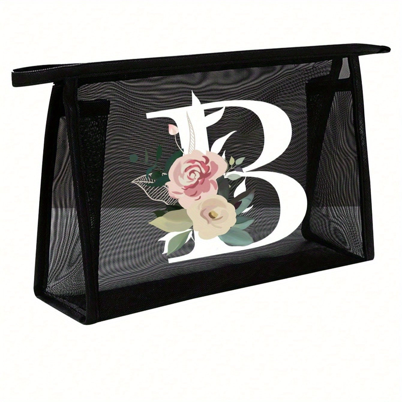 1pc Black Mesh Toiletries Storage Bag | Large Capacity Pink Flowers With White Letters A-Z, Transparent Mesh, Multi-Functional Travel Portable Bag, Lipstick Skin Care Storage, Easy And High-End, Jewelry Storage, Foldable And Lightweight