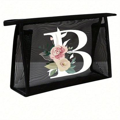 1pc Black Mesh Toiletries Storage Bag | Large Capacity Pink Flowers With White Letters A-Z, Transparent Mesh, Multi-Functional Travel Portable Bag, Lipstick Skin Care Storage, Easy And High-End, Jewelry Storage, Foldable And Lightweight
