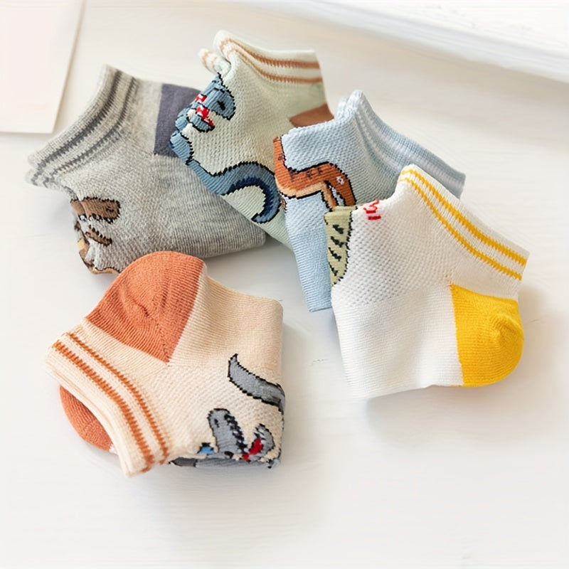 5 Pairs of Thin Breathable Socks with Cartoon Dinosaur Designs for Boys And Girls.