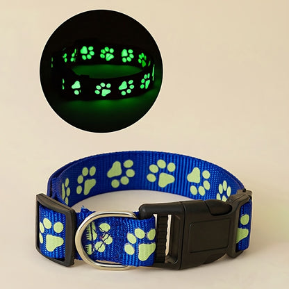 [1pc Glow Dog Collar Adjustable] 1pc Paw Print Glow in the Dark Dog Collar, Adjustable Head and Snap Buckle, Polyester Material, Animal Print Pattern, Night Visibility for Indoor and Outdoor Use