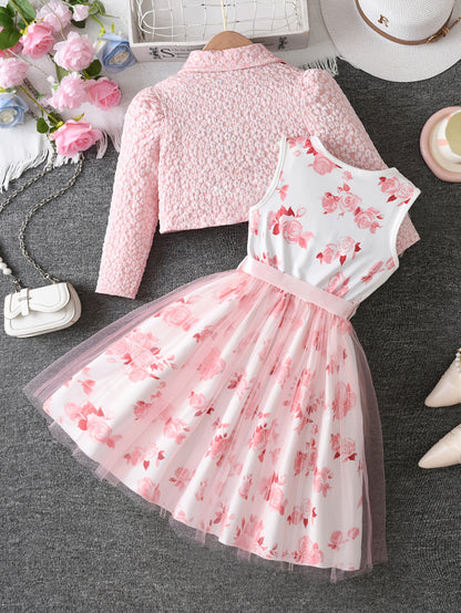 Girls' Autumn 2pcs Set: V-Neck Floral Print Long-Sleeve Outer Jacket and Rose Print Vest Dress with Spliced Mesh, Belt Included. A Stylish and Versatile Choice, Perfect for Daily Casual Wear, Outdoor Outings, Gatherings, Parties, and Other Special