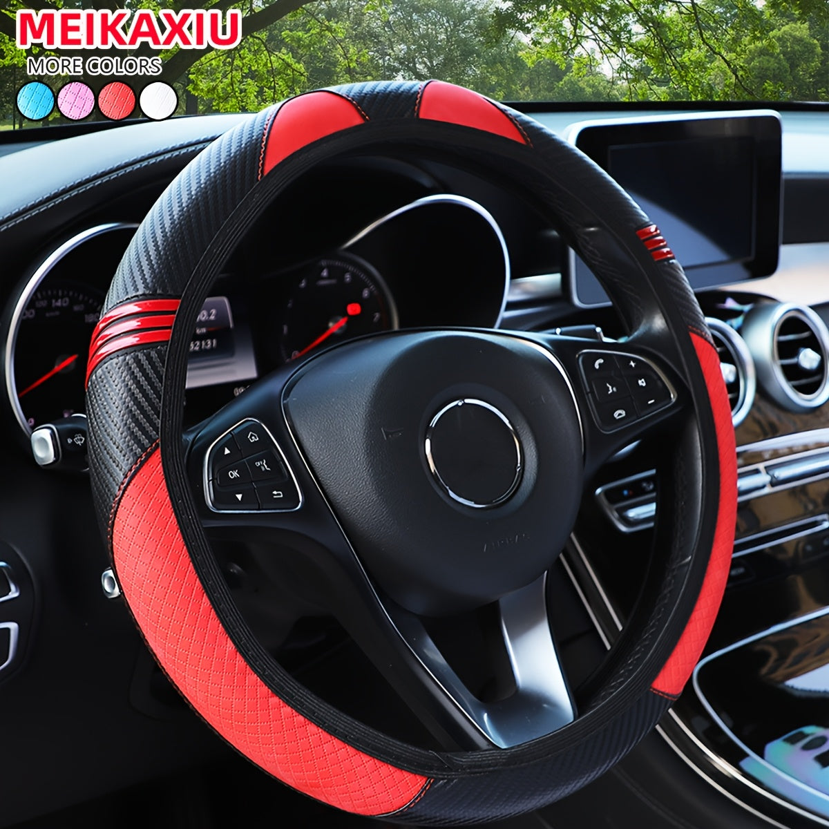Steering Wheel Cover, PU Leather Carbon Fiber Cute Cartoon Fashion Without Inner Ring, Suitable for 37-38cm, Car Accessories