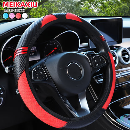 Steering Wheel Cover, PU Leather Carbon Fiber Cute Cartoon Fashion Without Inner Ring, Suitable for 37-38cm, Car Accessories