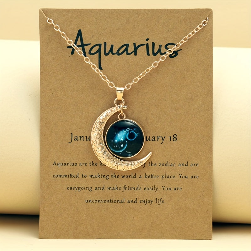 1pc Retro Glow-In-The-Dark Zodiac Moon Pendant Necklace - Vintage Style, Zinc Alloy with Accents, Adjustable Chain for Women - Ideal for Daily Wear & Gifting, Zodiac Jewelry, Gift Jewelry, Vintage Jewelry, Durable Jewelry