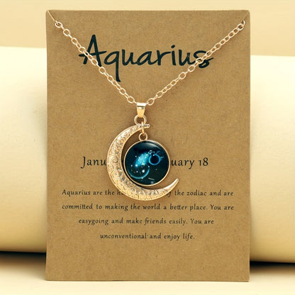 1pc Retro Glow-In-The-Dark Zodiac Moon Pendant Necklace - Vintage Style, Zinc Alloy with Accents, Adjustable Chain for Women - Ideal for Daily Wear & Gifting, Zodiac Jewelry, Gift Jewelry, Vintage Jewelry, Durable Jewelry