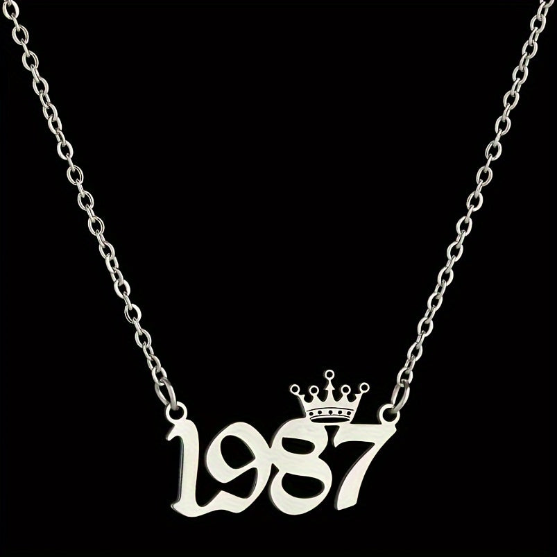 1 Elegant and Stylish Stainless Steel Polished Year Number Necklace, Unique Date Birthday Crown Pendant Necklace Gift for 1980-2024, Versatile Casual Attire Collarbone Chain Holiday Present