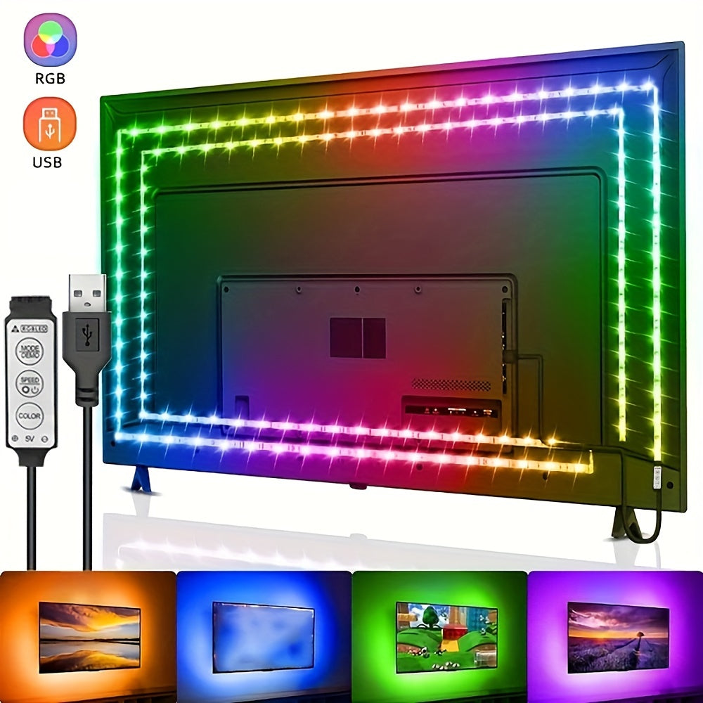 1roll RGB TV Background LED Strip Light Lamp 3 Keys Button Control Flexible Adhesive Tape Suitable For Game Room Halloween Christmas Decorations