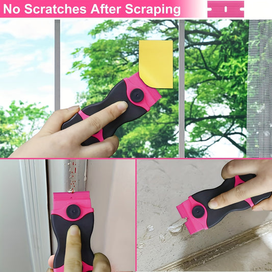 One Set, Adhesive Removal Scraper, Glass Scraper, 1 Pink Double-ended Scraper + 10 Metal Blades + 10 Plastic Blades, Car Film Application Tool, Scraper Tool Comes with 20 Razor Blades, for Windows, Cleaning, Stickers, Tinted Film, Decals