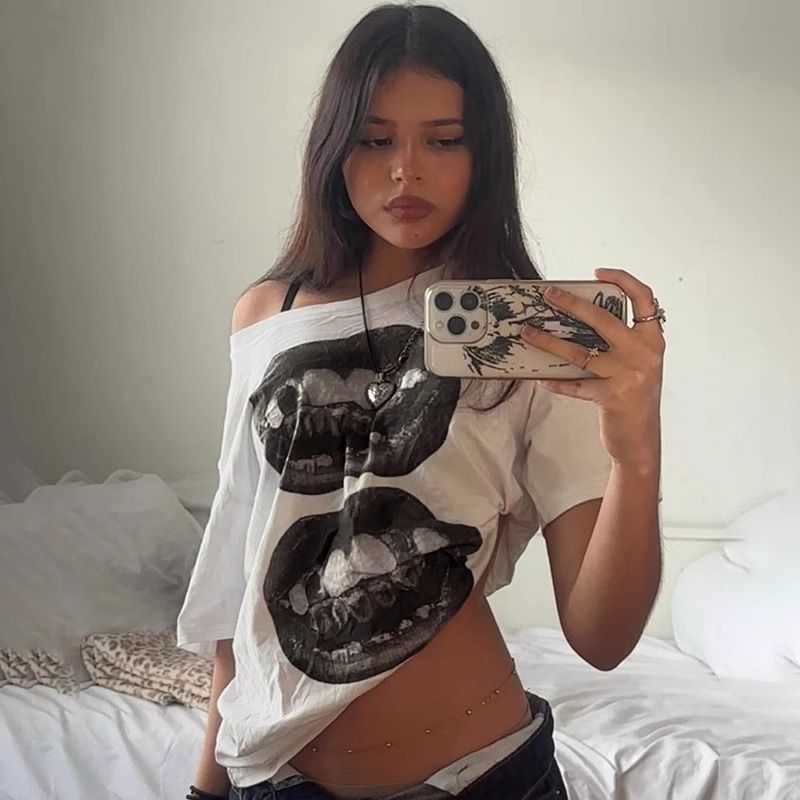 Korean version pullover pure cotton Spice Girl slanted shoulder short sleeve fashion printing loose casual top summer women's wear women's clothing