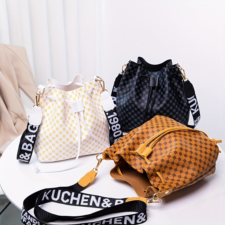 A Stylish Bucket Bag with Random Prints, Featuring a Large Capacity, Drawstring Closure, And Perfect for Commuting, Ideal for a Trendy Shoulder Or Crossbody Look