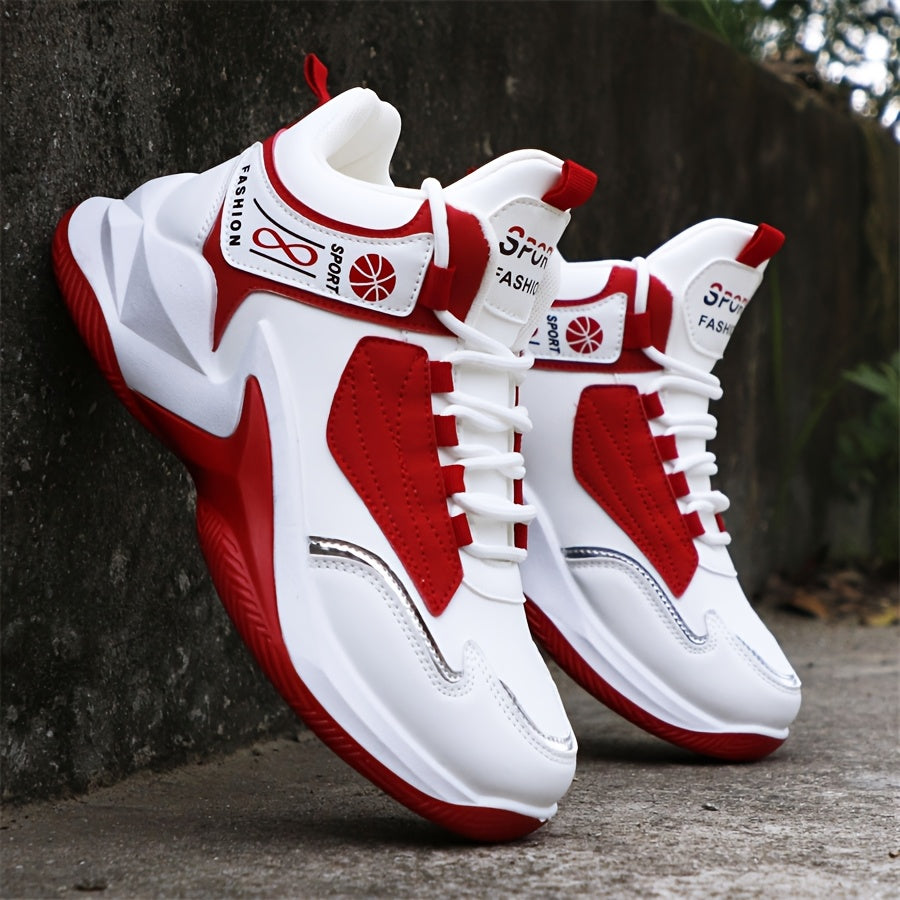 Men'S High-Top Sports Shoes, Lightweight Running Shoes with a Non-Slip Rubber Sole, Featuring a White And Red Color Scheme. Suitable for Gym Workouts, Walking, And Everyday Use Throughout The Year. These Lace-Up Fitness Shoes Have a High-Top Design
