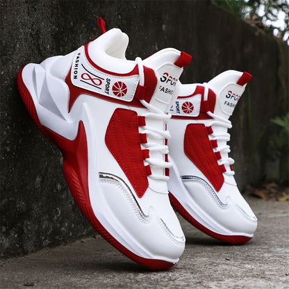 Men'S High-Top Sports Shoes, Lightweight Running Shoes with a Non-Slip Rubber Sole, Featuring a White And Red Color Scheme. Suitable for Gym Workouts, Walking, And Everyday Use Throughout The Year. These Lace-Up Fitness Shoes Have a High-Top Design