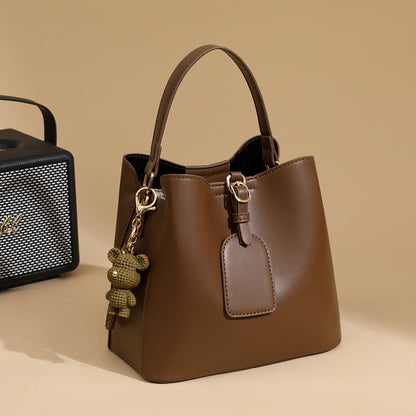 [Bucket Handbag] Women's Beige & Brown Bucket Handbag with Ic Closure - Adjustable Crossbody/Shoulder Strap, Woven Bear Charm & Label - Multi-Compartment Handbag Suitable for Daily Use, Casual & Professional - Handbag