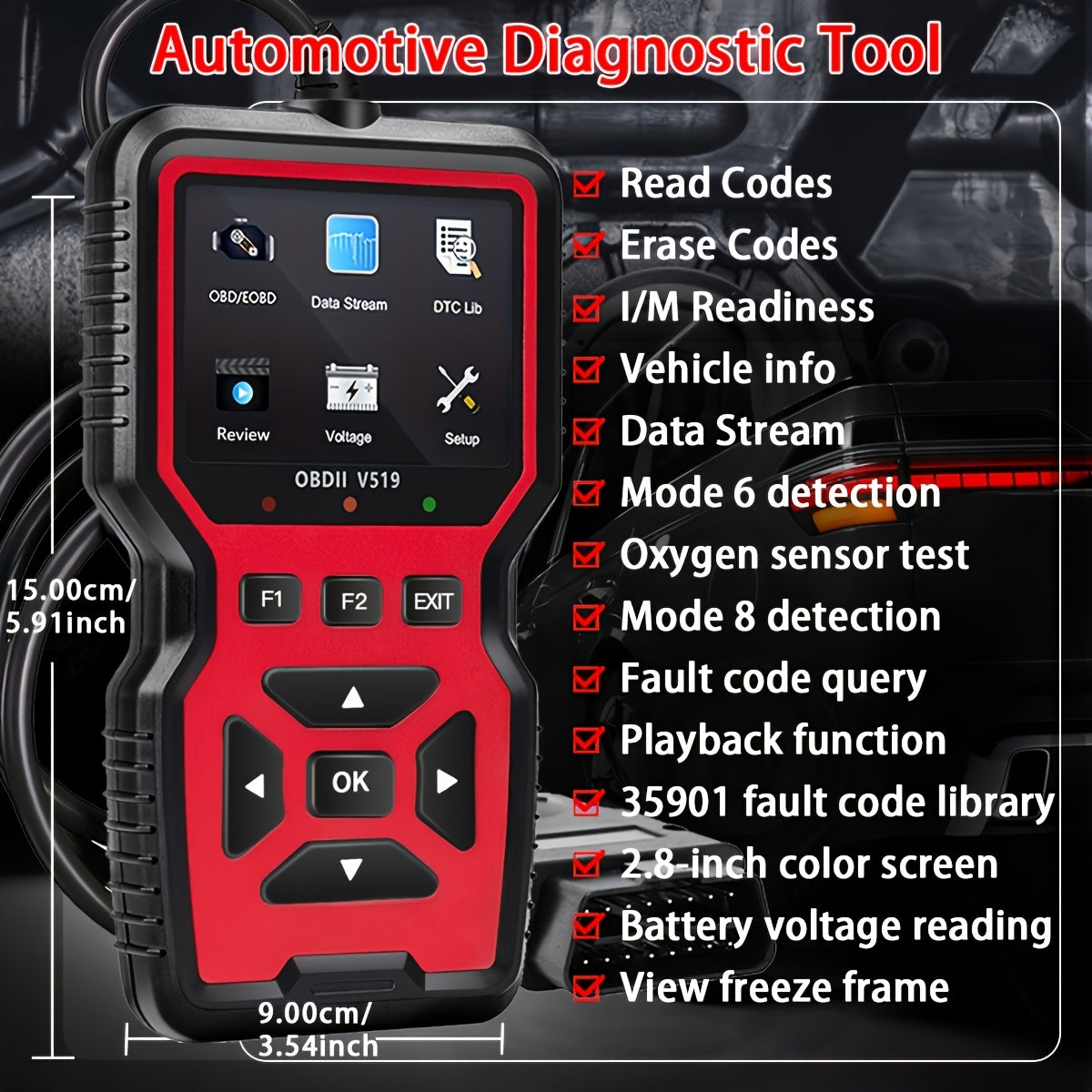 2026 V519 Professional OBD2 Scanner - USB Powered, Real-Time Data Diagnostic Tool, Suitable for Checking Engine Fault Lights in Most Vehicles, No Battery Required