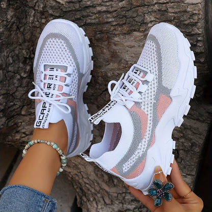 Women'S Color-Blocked Casual Sneakers, Breathable Lace-Up Running Shoes with Flying Woven Design, Stylish Mesh Platform Casual Footwear., Women Shoes