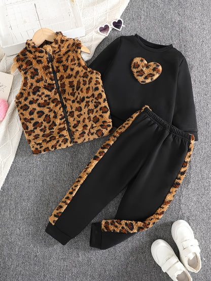 3pcs Girls' Casual Set/Plush Heart Jacquard Vest+Heart Embroidery Top+Plush Patchwork Pants/Warm Autumn Winter Fashion/Perfect for Outings Outdoor Activities