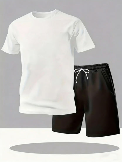 Men's fashion gradient letter print Men's two-piece set: round-neck short-sleeved T-shirt and drawstring shorts summer casual sportswear