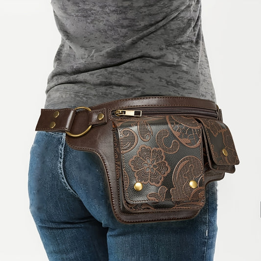 Women's Adjustable Waist Bag in Coffee Brown/Black - Convertible Crossbody Purse with Floral Pattern, Zipper Closure & Snap Button, Synthetic Faux Leather Belt Bag for Everyday, Formal, Travel - Crossbody Purse, Everyday Accessory, Vintage Style, Polyeste