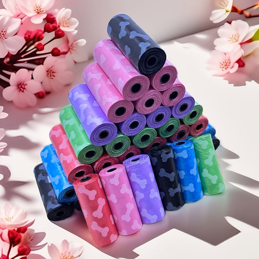 Bone Print Dog Trash Bags, Thick Durable Odor-Resistant Pet Poop Bags, Playful Design Durable Material, For Dogs & Cats Indoor & Outdoor Use, Random Colors (Pink Green Purple Brown Red Orange)