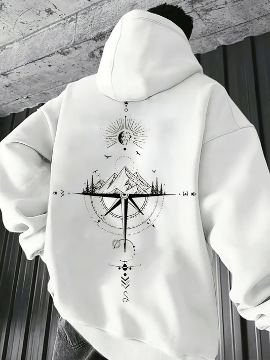 Men'S Autumn-Winter Galaxy Print Hooded Fleece Sweatshirt | Loose Fit, French Terry, Pocket Details, Sports Style