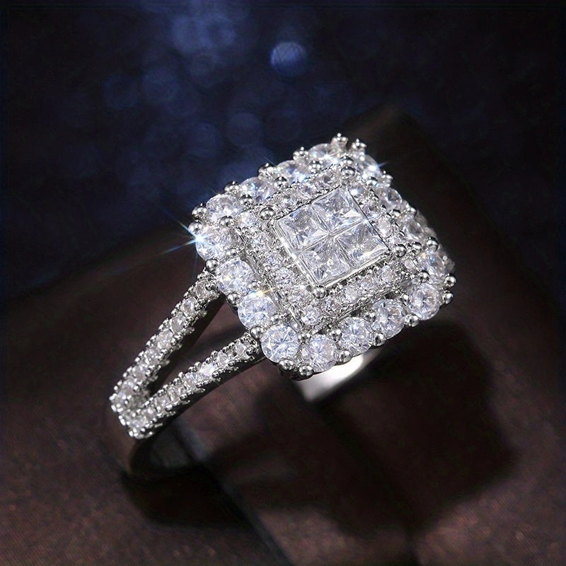 Square Shape Iced Out Synthetic Zirconia Bridal Wedding Ring
