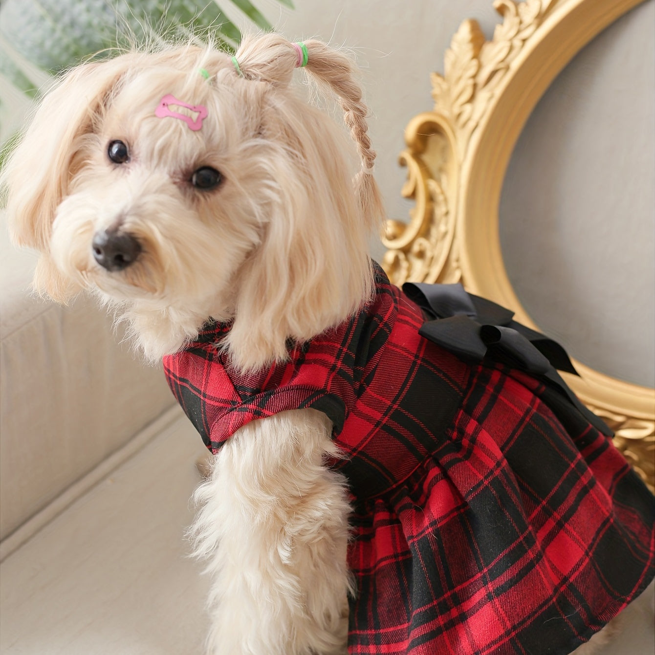 Pet Clothing Cat and Dog Four Seasons Big Grid College English Bow Dress 1pc