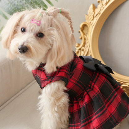 Pet Clothing Cat and Dog Four Seasons Big Grid College English Bow Dress 1pc