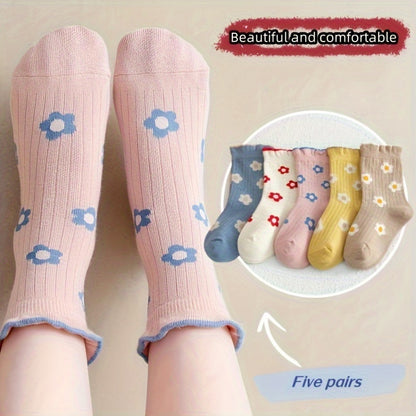 5pairs Youngsters' Breathable & Soft Crew Socks - Fashionable Floral Design, Perfect for Spring/Summer -