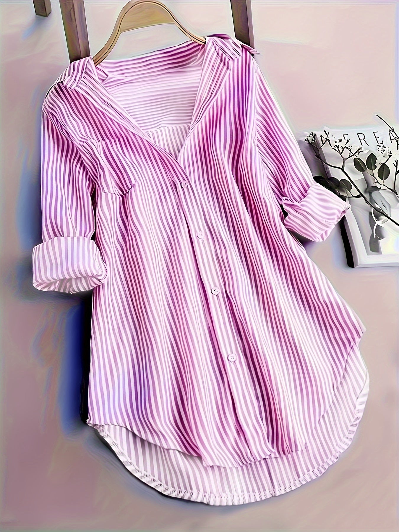 Elegant Striped Shirt for Women, Fashionable Long-Sleeve Top with a Collar
