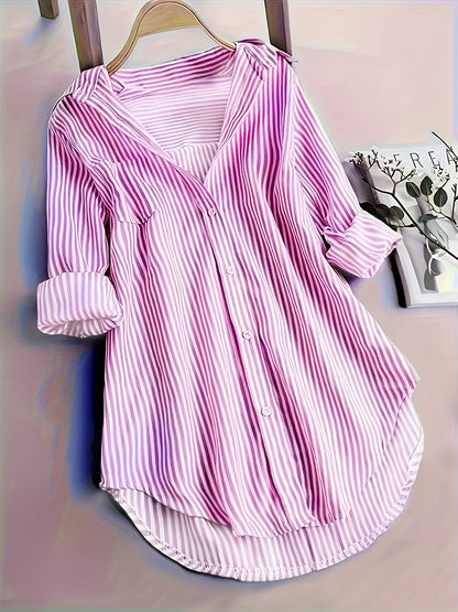 Elegant Striped Shirt for Women, Fashionable Long-Sleeve Top with a Collar