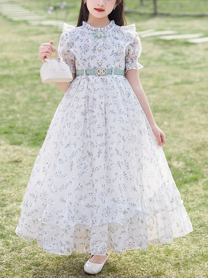 Girls' Long Floral Chiffon Princess Dress, a Trendy Outfit for Children Aged 7-14
